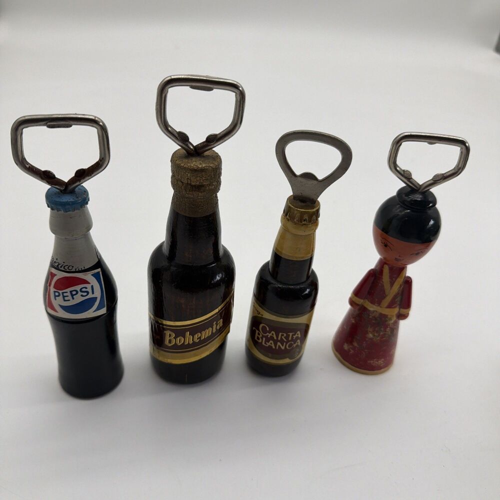 VTG MEXICAN Wooden Bottle Openers-Carta Blanca,Bohemia,Pepsi & Oriental Figure